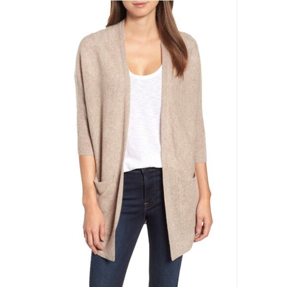 Halogen Nordstrom Wool Cashmere Blend Long Cardigan Beige with Pockets L - Picture 1 of 5